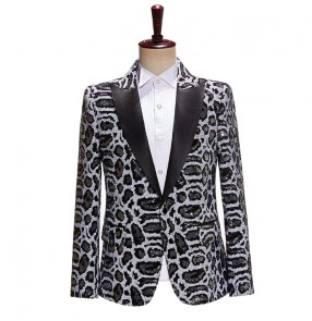 Men's jazz dance dress suit blazers for youth male leopard print black and white sequins flash bar nightclub singer choir dancers stage performance coats